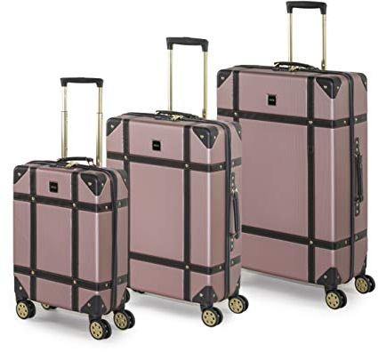 Rock Vintage Hard Shell Suitcase Set of 3 - Pink | Set Includes S, M & L Cases - Nostalgic Design, Dual 360 Swivel Wheels - TSA Lock - Lightweight Build - Impact Resistant