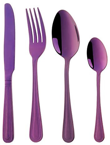 Buyer Star - Set di Posate in Acciaio Inox, 16 Pezzi, coltelli da tavola, forchette, cucchiai, cucchiaini da Dessert, Posate Classiche per 4 Persone, lucidate a Specchio, Viola, 4set/16pcs