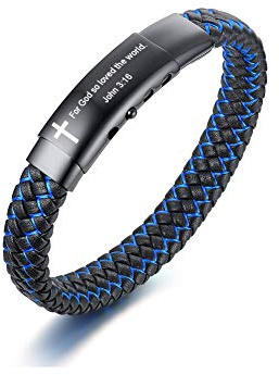 PJ JEWELLERY Bibelvers Inspirierend Christliche Zitate Lederarmband Personalisierte Glaubensschrift Kreuz Motivierend 2-Ton Blau Geflochtenes Armband Für Männer Junge Religiöses Geschenk