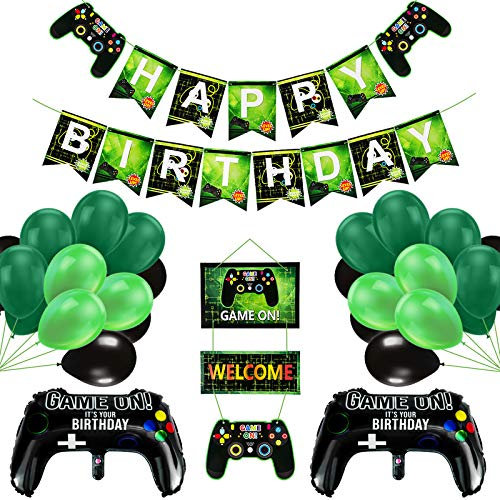 Vubkkty Birthday Decorations, Gaming Party Decorations Supplies Set, Controller Balloons&Green Black Balloons, HAPPY BIRTHDAY GAME ON WELCOME Hanging Banner for 5 6 7 8 9 yrs Old Boys/Girls