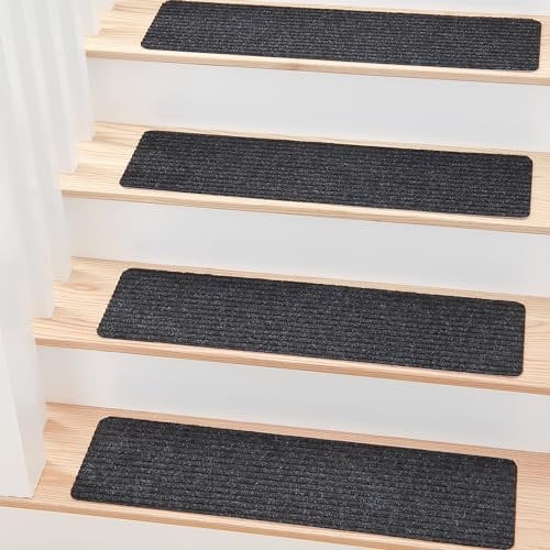 MBIGM 15er Set Stufenmatten 20 cm X 76 cm Treppenteppich Selbstklebend Sicherheit Stufenteppich für Kinder, Älteste und Haustiere, Schwarz