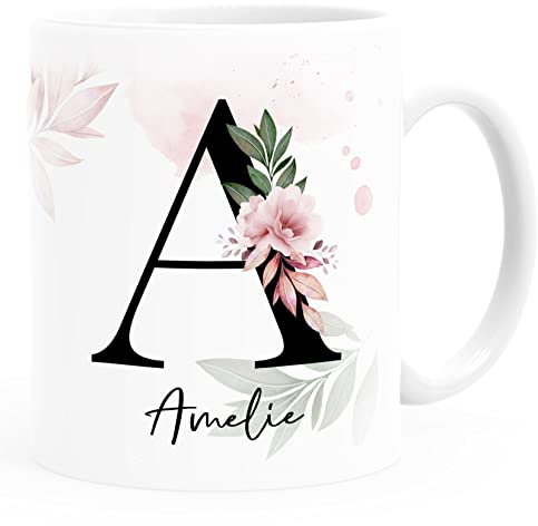 SpecialMe® Kaffee-Tasse mit Buchstabe Monogramm personalisiert mit Namen Initiale Blumen-Motiv persönliche Geschenke Blumenhintergrund weiß Keramik-Tasse