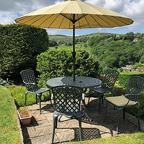 Lazy Susan 120 cm Alice Gartentisch in Schiefergrau mit 6 Rose Stühlen mit blauen Sitzkissen | Nachhaltiges Sandguss-Aluminium | Wetterfest | Rostfrei | Wartungsarm | 3 Jahre Garantie