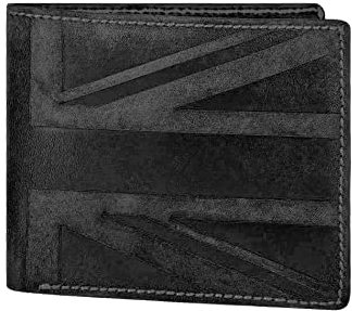 Hudson & James Designer London Real Distressed Leather Mens Wallet with Zip Coin Pocket Credit Carder Holder Bifold Purse UK Union Jack (Black)