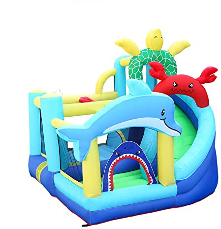 Marine Life Inflatable Bouncy Summer Castle 4 in 1 Kids Slide Climbing Jumping Spaces and Bobo Pool with 450W Inflator