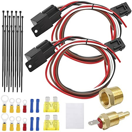 Aynaxcol Dual Electric Cooling Fan Wire Harness Kit Electric Fan Relay Kit Radiator 185 On 165 Off Thermostat 50 AMP Relay New