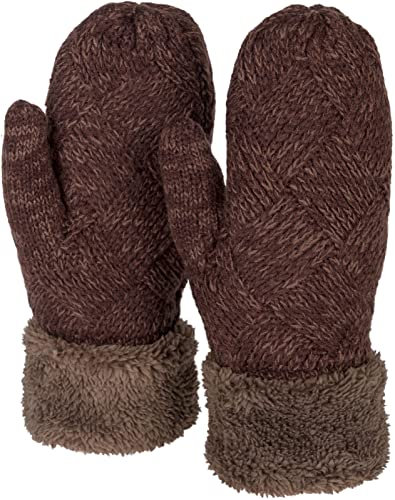 styleBREAKER Damen warme Winter Strick Fäustlinge, Handschuhe mit Rauten Muster, Thermo Fleece, Strickhandschuhe 09010031, Farbe:Dunkelbraun