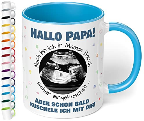 Werdender Papa Tasse Idee Schwangerschaft Verkünden – Keramiktasse mit Ultraschallbild personalisiert „Hallo Papa! Noch bin ich in Mamas Bauch“ – Geschenk Vater Baby Ultraschall-Bild (Hellblau)