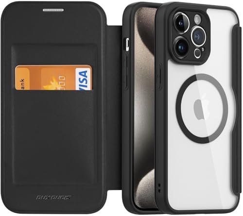 zenrich Magnetic Case for iPhone 15 Pro 6.1 Inch with Card Holder RFID Blocking PU Leather Flip Case, Shockproof Case Cover Scratch Resistant Transparent Back for iPhone 15 Pro Case, Black