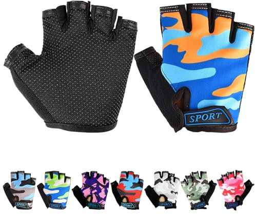 Mecmbj Kind Halb Finger Fahrradhandschuhe, Kinder Sport Handschuhe, rutschfeste Kindersporthandschuhe, zum Radfahren, Bootfahren, Yoga, Skaten, Kletter,blau+gelb(Anwendbare Personen: 6-12 Jahre)
