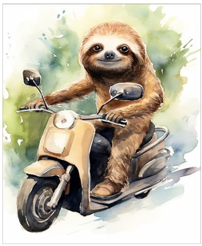 Lustiges Faultier reitet Moped 27,9 x 35,6 cm ungerahmt Wandkunstdruck – niedlicher fröhlicher Tierdruck und lustiger Motorroller-Humor Wandkunstdruck für lustige Dekoration, ideal für Büro,