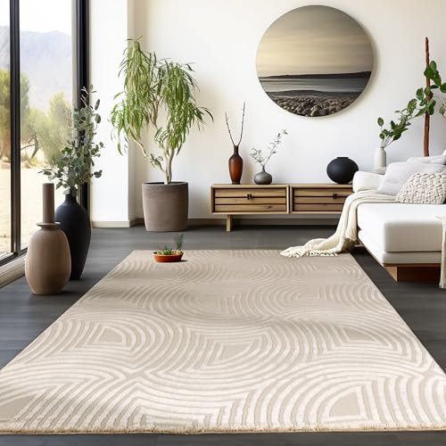 HomebyHome Kurzflor Teppich Wohnzimmer Beige 3D Skandinavischer Stil Modern 140 x 200 cm - Boho Schlafzimmer Küchenteppich Waschbar Muster Weicher