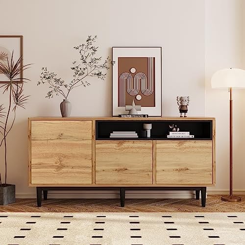 BTM Sideboard Holz & Skandinavischen Stil, Kommode mit 3 Türen & Verstellbare Regalen, Schubladenkommode Schrank, Lang Flurschrank für Flur Schlafzimmer Wohnzimmer, Breit 160 x35x76 cm, Eiche
