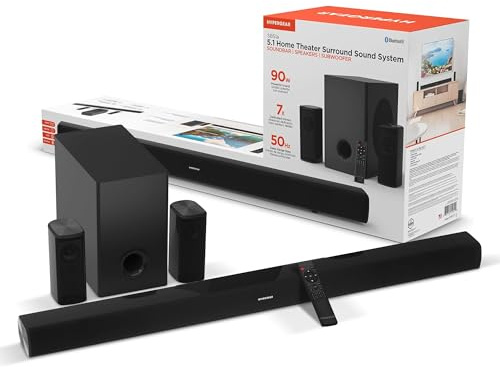 HyperGear SB51a 5.1 Surround Sound System for TV – 90W Home Theater Sound System, Soundbar, Subwoofer & Dual Speakers w/Bass, HDMI ARC & Optical Inputs for 4K/8K UHD TVs, Wall-Mountable Speakers