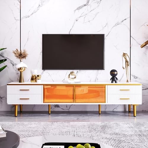 Azkoeesy Mobile TV moderno con illuminazione a LED, 170 cm, con ante in vetro e 4 cassetti, gambe in metallo dorato e maniglia, con piano in marmo, bianco