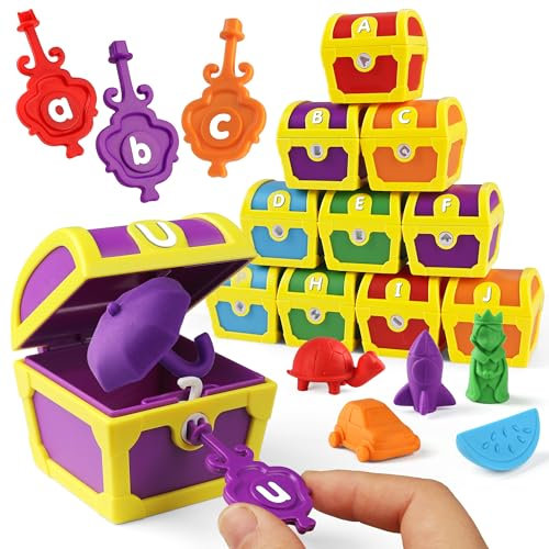 Coogam Juguetes de aprendizaje del alfabeto para niños pequeños, 26 letras sorpresa, cerraduras del tesoro con llaves, juego de clasificación de colores a juego ABC en mayúsculas y minúsculas, regalo