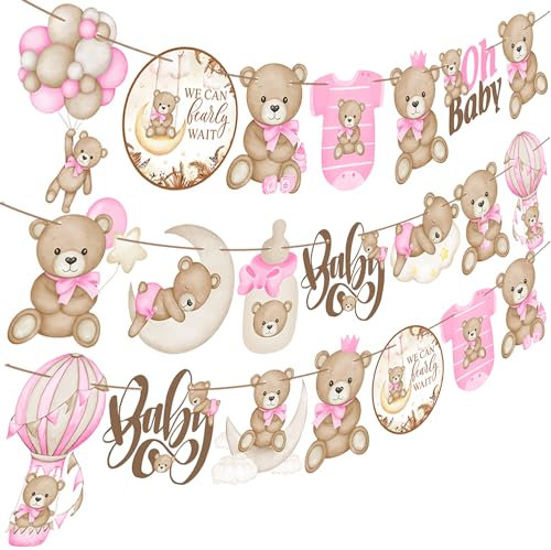CANDY CHEF Pink We Can Bearly Wait Baby Shower Banner Bear Baby Shower Party Decorations Bear Banner for Baby Shower Teddy Bear Cutout Banner for Girls Bear Birthday Party Supplies