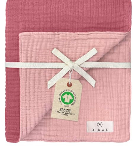 DIKOS® Musselin Babydecke Sommer 6-lagig 70×100 cm – aus weicher, atmungsaktiver Bio-Baumwolle (GOTS & Öko-Tex 100) – Altrosa/Beere – Kuscheldecke, Spucktuch, Puckdecke – Geschenk zur Geburt Mädchen