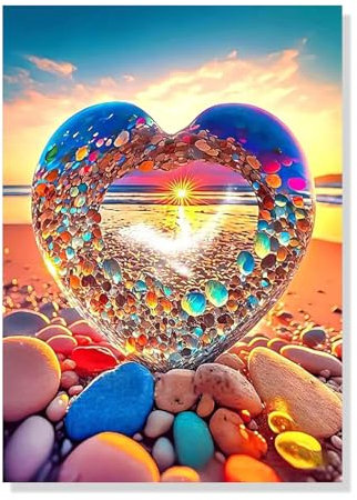 Zhlearda Peinture par Numéros pour Adulte, Coeur Cristal Peinture Numero, Peinture Numero Adulte Débutants, Plage Coucher Soleil par Numéro avec Peintures et Pinceaux, Pour Mural Décor 30x40cm