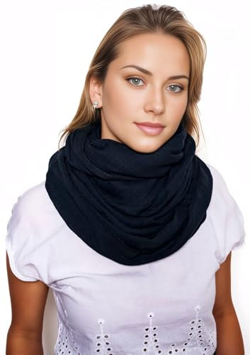 Scandi Linen Musselin Loop Schal Damen, Schlauchschal, Schlauchschal Damen, Musselin Schal Damen, Loop Schal Damen Sommer Leicht, Loop Schal (Schwartz)
