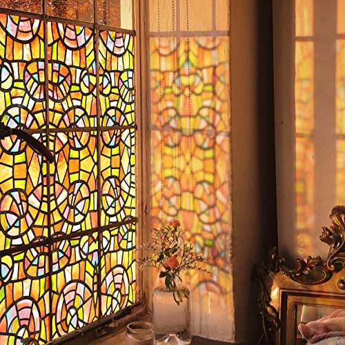 funlife Original Hand Drawn Stained Glass Window Film Privacy Patterned, Amber Sunburst Glow 58X300CM