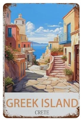 Vintage Kreta Griechische Insel Reiseposter, lustiges Vintage-Metall-Blechschild für Küche, Badezimmer, Büro, Garage, Bar, Café, Restaurant, Shop, Höhle, Zuhause, Wanddekoration, Kunstideen, Geschenk,
