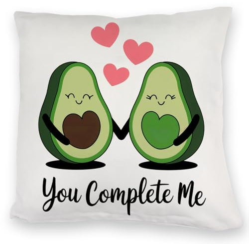 Avocado-Paar Kuschelkissen mit Spruch You Complete Me Liebevolle und humorvolle Illustration animierter Avocados mit Herz - Perfekte Geschenkidee