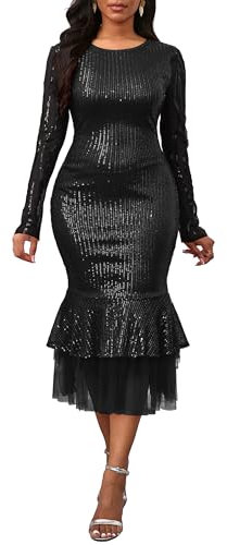 VERWIN Sequins Dress Long Sleeve Bodycon Dress Ruffle Mesh Hem Maxi Dress Mermaid Sparkly Round Neck Casual Party Cocktail Evening Dress XL Black