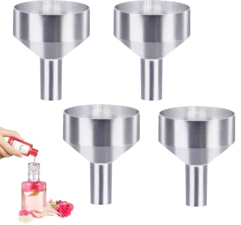 Lollanda 4Pcs Hip Flask Funnels Aluminum, Small Funnels Metal, Mini Funnel for Filling Bottles Containers, Filling Funnel for Perfume Essential Oils Kitchen Use (Silver, 4Pcs)