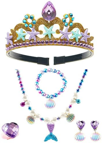 Qanye 6-Teiliges Meerjungfrau-Prinzessin-Schmuckset, inklusive Krone, Ohrringe, Halskette, Armband und Ring – Ideal für besondere Anlässe