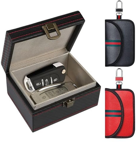 DOMIPHIE Keyless Go Schutz Autoschlüssel Box & 2 Keyless Go Schutzhülle Bags, STK Faraday Box Funkschlüssel Abschirmung, Schlüsselbox RFID Blocker (1 BOX + 2 Taschen, Large)