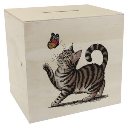 Katze mit Schmetterling Spardose aus Holz für Tierliebhaber Niedliches Sparschwein für Katzenfreunde