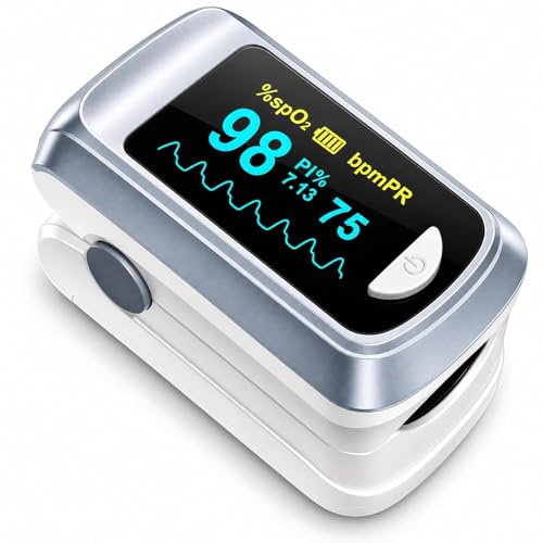 HealthTree JKS50B Oxymetre de Doigt, Saturometre Oxymetre avec PI | Moniteur de Saturation en Oxygène (SpO2) et Fréquence Cardiaque 5-8s, Écran OLED, pour Maison Sport (Inclut Piles et Cordon)