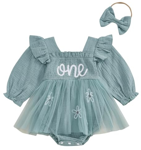 Geagodelia Infant Baby Girl 1st Birthday Romper Dress Letter Embroidery Bodysuit Jumpsuit A-Line Mesh Tulle Tutu Skirt Baptism First Birthday Princess Dress with Headband
