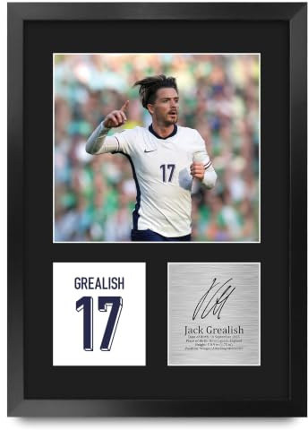HWC Trading Jack Grealish England Gifts Printed Signed Autograph Picture for Football Fans and Supporters - A3 Portrait Framed