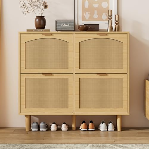 Moimhear Schuhschrank mit 4 Klappschubladen, 100x25x90.3cm, Schuhkommode aus Rattan mit Metallgriffen, Schuhregal für Flur, Holzmöbel, Landhausstil