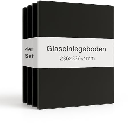 K-Möbel 4er Set Glaseinlegeboden 326x236x4mm in Schwarz inkl Bodenträger 5mm und Abdeckkappen - Made in Germany - Einlegeboden für 1 türige Standvitrinen - Regalboden/Glasplatte Erweiterung aus ESG