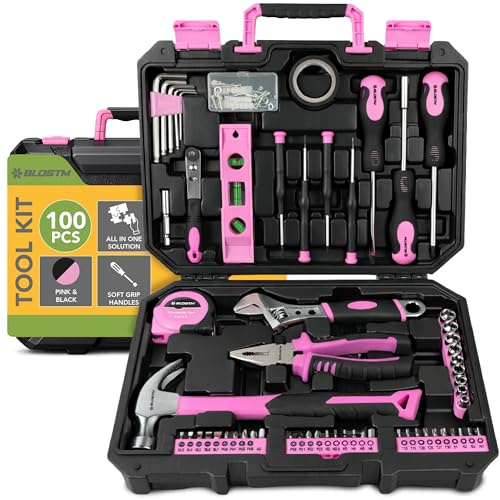 BLOSTM Kit di attrezzi da 100 pezzi – Set di attrezzi per la casa con utensili manuali per fai da te e riparazioni, cassetta degli attrezzi portatile con martello, pinze, cacciaviti (rosa/nero)