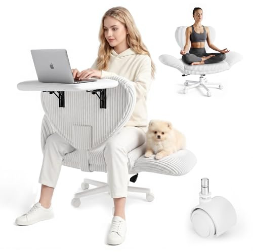 HOMRELEXA Bürostuhl mit Klappbarer Tischplatte, Breiter Schneidersitz Stuhl mit Klappbaren Armlehnen, Höhenverstellbarer Schreibtischstuhl aus Corduroystoff für Homeoffice und Wohnzimmer, Weiß