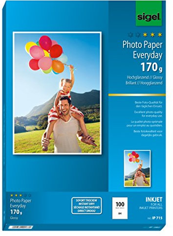 SIGEL IP715 InkJet Fotopapier hochglänzend, weiß, 170 g, A4, 100 Blatt, für hochwertige Fotografien, exzellente Detailschärfe, sofort trocken und wischfest