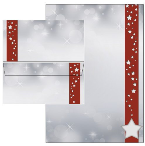 Weihnachten Sterne im roten Banner Set 50-teilig 25 Blatt Briefpapier + 25 Stück Briefumschläge DIN lang ohne Fenster 5525+6525