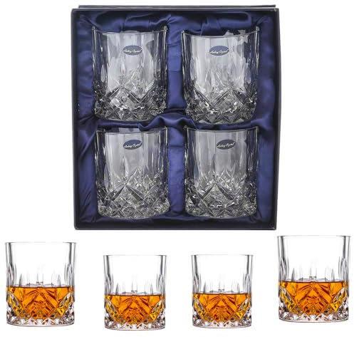 Amlong Crystal Bicchieri da whisky in cristallo anticato, senza piombo, design classico ed elegante, perfetti per bicchieri da scotch, bourbon, cognac e cocktail, 260 ml, set da 4 con confezione