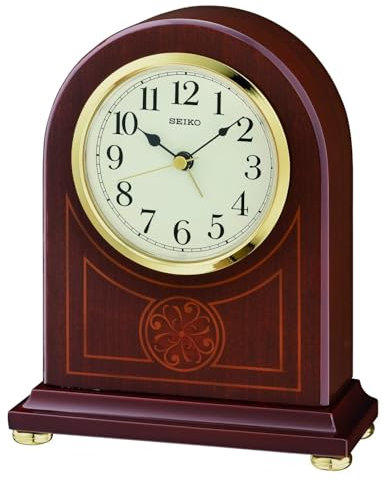 Seiko Dark Wooden Mantle/Mantel Quartz/Battery Clock, Cream Dial with Arabic Numbers & Alarm. Height 127mm QXE057B
