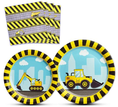 WERNNSAI Construction Party Supplies - Disposable Dump Truck Themed Tableware Set for Boys Kids Birthday Dinner Dessert Plates and Napkins Serves 16 Guests 48PCS