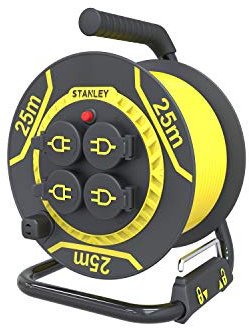 STANLEY 227354 Enrouleur Chantier, IP44, Type: H07RN-F 3G2,5mm², 25 mètres. Flasque Plastique, Support métal renforcé. Guide Câble. 4 Prises 16A+T + clapets électrique