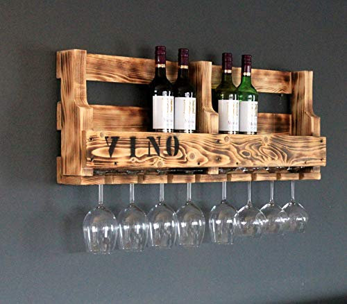 Dekorie Weinregal Gläserhalter Schriftzug VINO geflammt fertig montiert Rustikal Weinflaschen Regal Holz