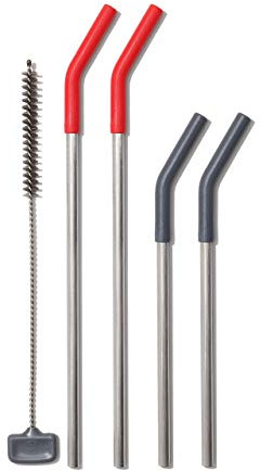 OXO Good Grips Stainless Steel 5 Piece Reusable Straw Set - Red/Gray