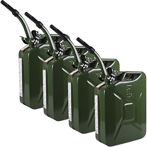 WALTER Benzinkanister-Set 20L mit flexiblem Einfüllstutzen/Trichter aus Metall, 4 Stück, Kraftstoff-Kanister, grün, Sicherheitsverschluss