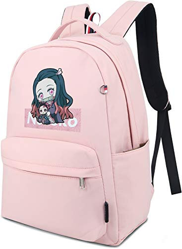 Roffatide Anime Demon Slayer Kamado Nezuko Rucksack für Mädchen Bedruckter Schulranzen Leichter Nylon-Tagesrucksack Pink