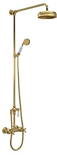 Hudson Reed A8117 Topaz | Traditional Bathroom Thermostatic Shower Valve with Top Outlet and Diverter with Handset and Hose with Crosshead Handles and Hexagonal Collars, 1245mm x 200mm, Brushed Brass